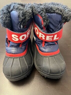 Sorel Navy and Red Kids Snow Boots with Faux Fur Cuff